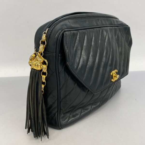 1240001053519 2 Chanel V Stitch Fringe Lambskin Shoulder Bag Black