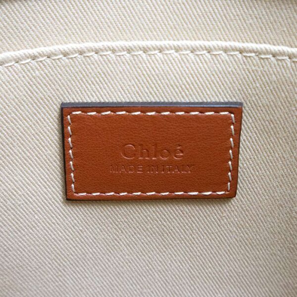 200015511019 8 Chloe Woody Small Tote Bag Linen Calfskin Leather White Brown