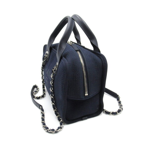 2101217330107 3 CHANEL Deauville Line Chain Bowling Bag Canvas Navy