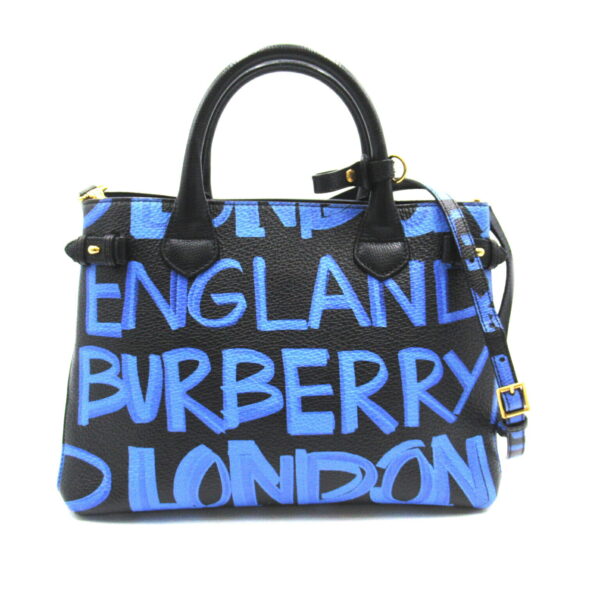 2101217411745 1 Burberry Medium Banner Graffiti Paint Leather Tote Bag Black Blue