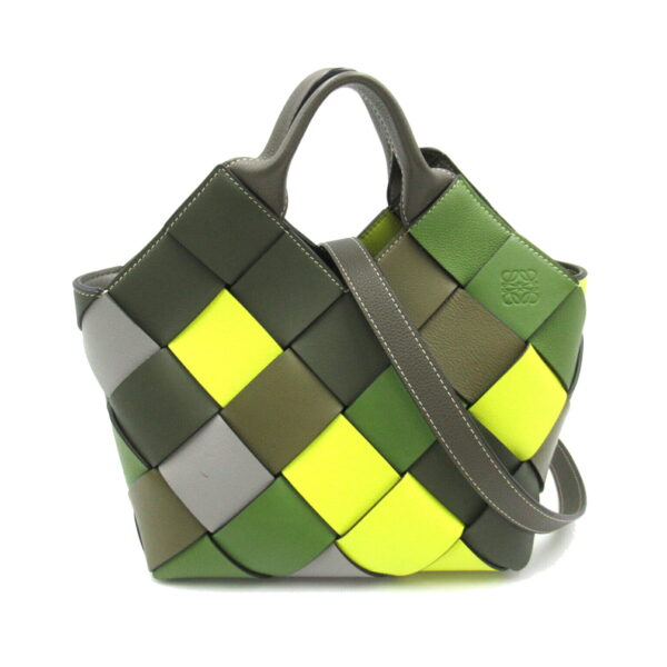 2101217703987 1 Loewe Woven Basket Leather 2Way Shoulder Bag Green Yellow