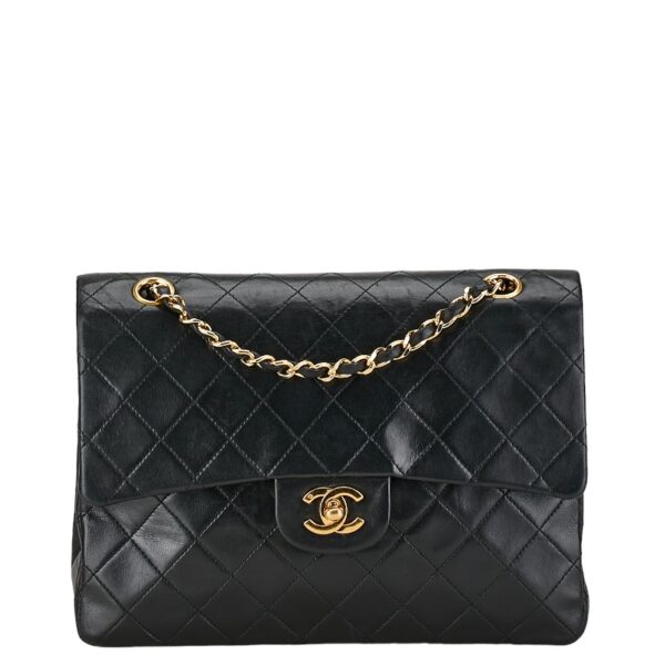 214 57049 1 Chanel Matelasse 25 Coco Mark Double Flap Chain Shoulder Bag Lambskin Black