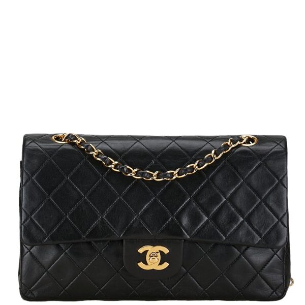 214 58676 1 Chanel Matelasse 25 Coco Mark Double Flap Chain Shoulder Bag Lambskin Black