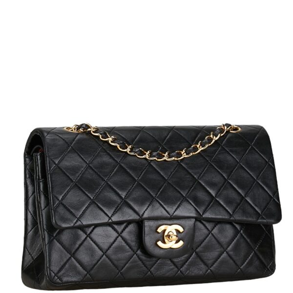 214 58676 2 Chanel Matelasse 25 Coco Mark Double Flap Chain Shoulder Bag Lambskin Black