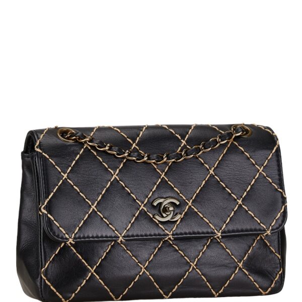 222 60901 2 Chanel Matelasse Wild Stitch Chain Shoulder Bag Black