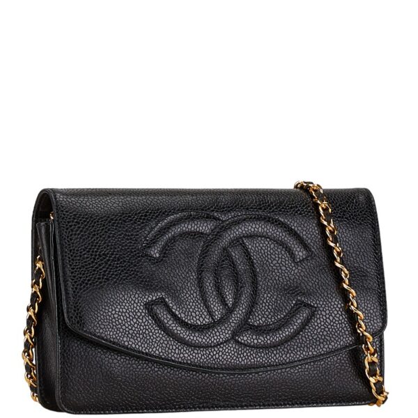 222 62061 2 Chanel Cocomark Chain Wallet Shoulder Bag Caviar Skin Black