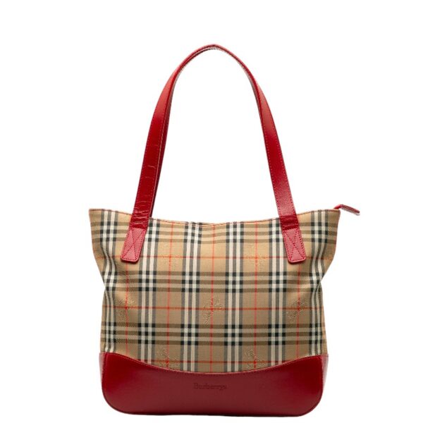 228 37377 1 Burberry Nova Check Shadow Horse Tote Bag Beige Red