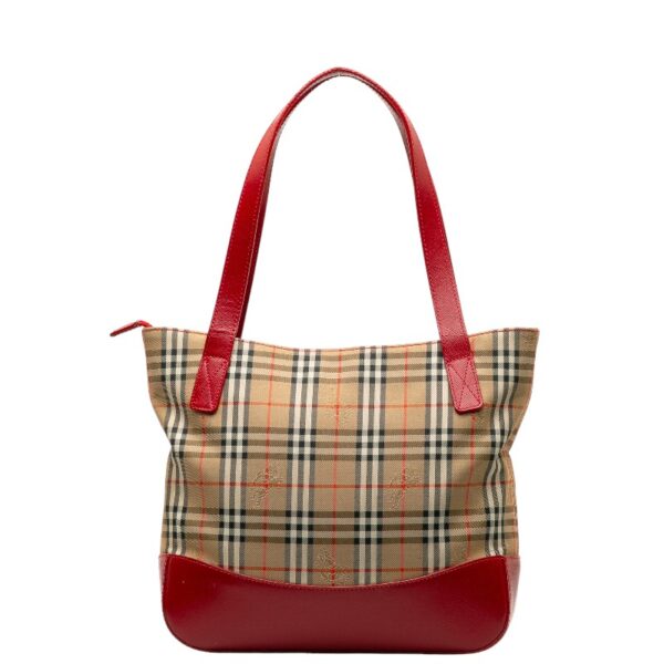 228 37377 3 Burberry Nova Check Shadow Horse Tote Bag Beige Red