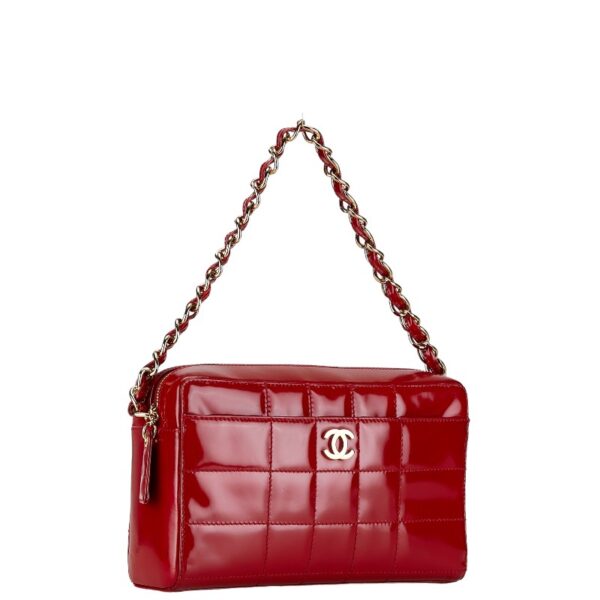 228 62570 2 Chanel Chocolate Bar CocoMark Chain Shoulder Bag Patent Red