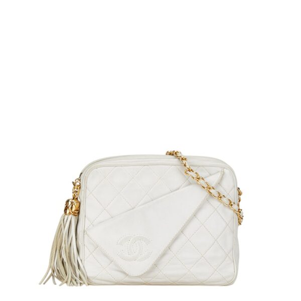 234 66649 1 Chanel Matelasse Tassel Chain Shoulder Bag Lambskin White