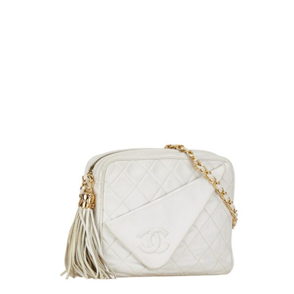 234 66649 2 Chanel Matelasse Tassel Chain Shoulder Bag Lambskin White