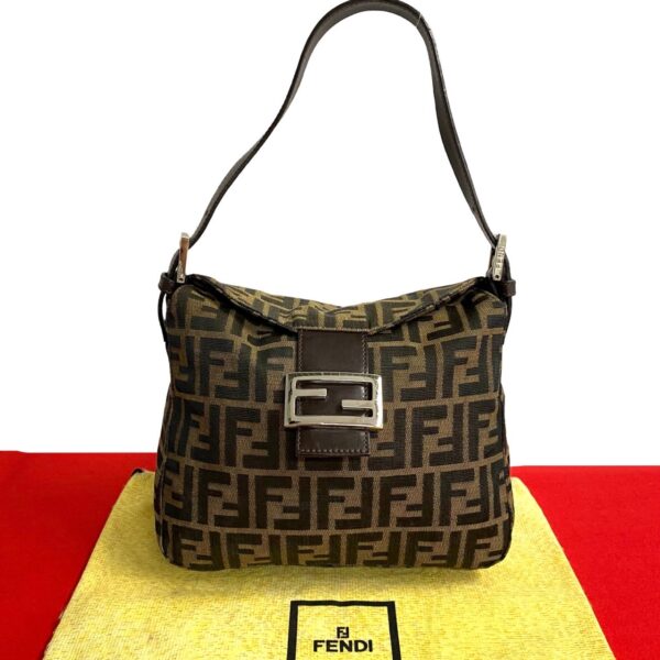 2406jpa283 2 1 FENDI Zucca FF Pattern Canvas Leather Shoulder Bag Brown