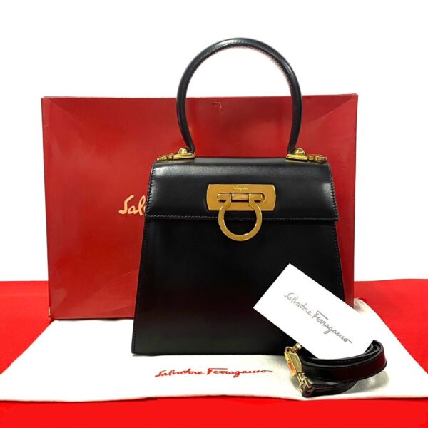 240718jpb184 2 1 Salvatore Ferragamo Gancini Leather 2way Handbag Shoulder Bag Black