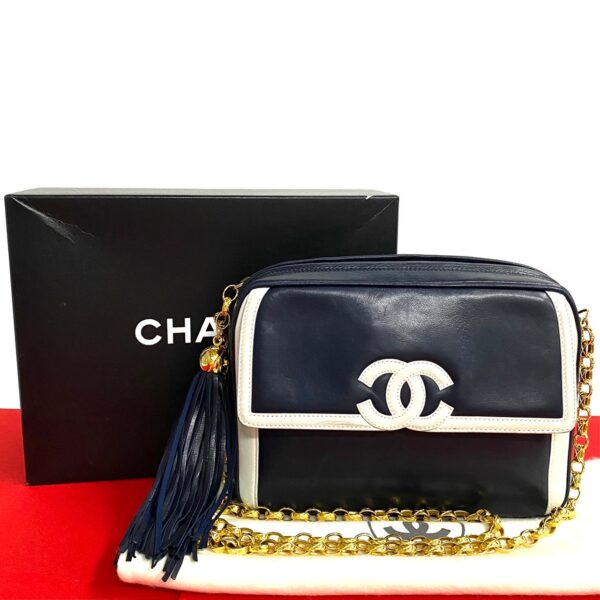 240718jpb320 1 1 Chanel Coco Mark Fringe Lambskin Chain Shoulder Bag Navy