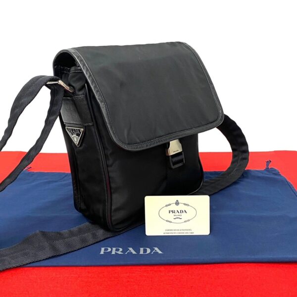 240822pgc134 9 1 Prada Triangle Tessuto Nylon Saffiano Leather Shoulder Bag Black