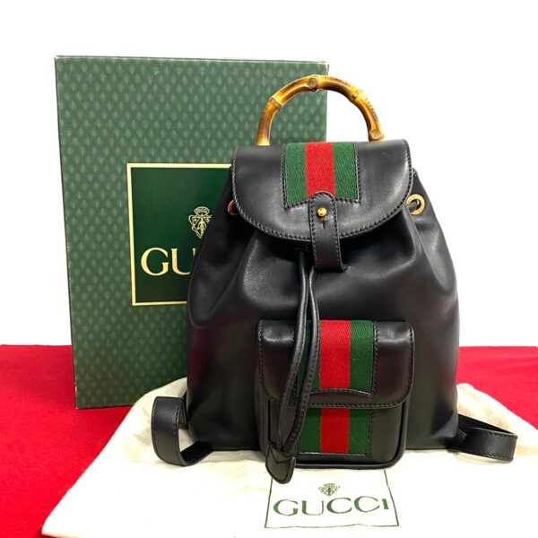 445j369150 1 Gucci Sherry Line Bamboo Drawstring Leather Rucksack Backpack Black