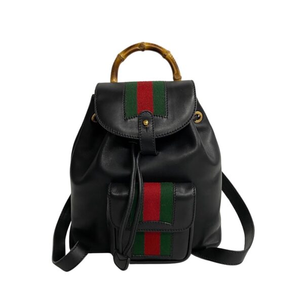 445j369150 3 Gucci Sherry Line Bamboo Drawstring Leather Rucksack Backpack Black