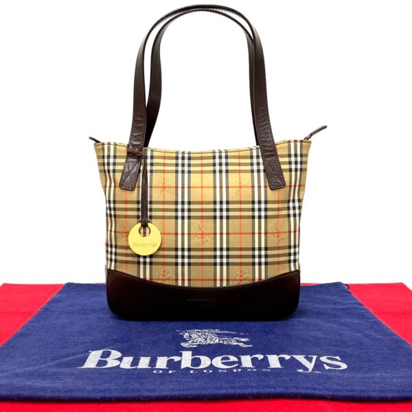 493a2032427 1 Burberrys Nova Check Canvas Leather Tote Handbag Brown