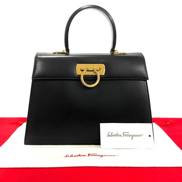 493a243199679 1 Salvatore Ferragamo Gancini Leather Handbag Mini Tote Bag Black