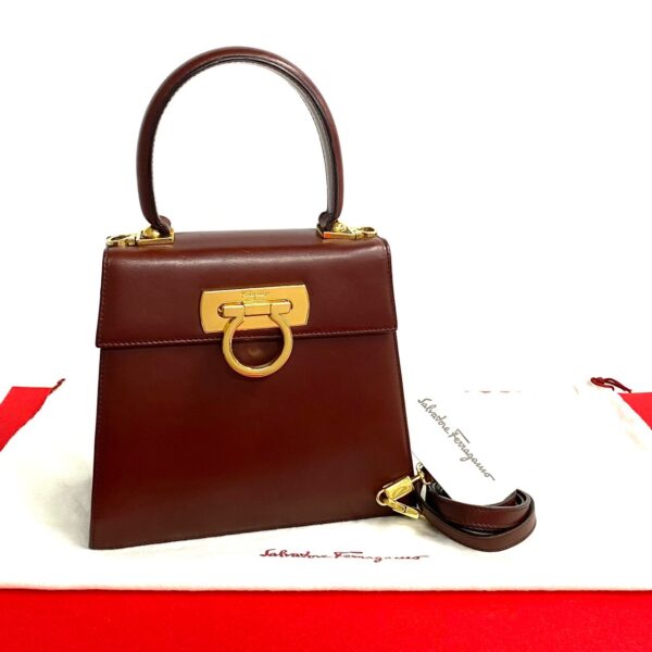 496a1900772 1 Salvatore Ferragamo Gancini Leather 2way Shoulder Bag Handbag Brown