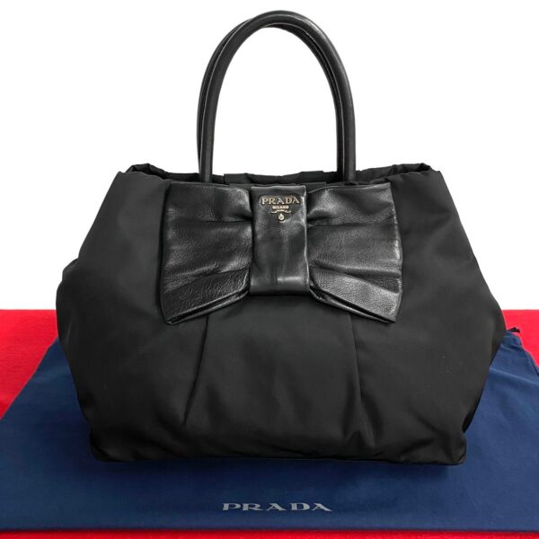 497a2170945 1 Prada Engraved Nylon Leather Tote Bag Black