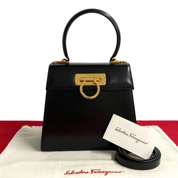 497a243080192 1 Salvatore Ferragamo Gancini Leather 2way Shoulder Bag Black