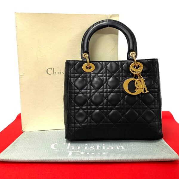 497a243311785 1 Christian Dior Lady Dior Cannage Lambskin Handbag Black