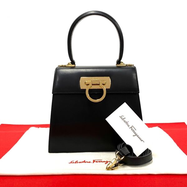 497a243329324 1 Salvatore Ferragamo Gancini Leather 2way Handbag Shoulder Bag Black