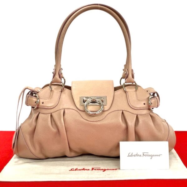 499a2218418 1 Salvatore Ferragamo Gancini Leather Handbag Pink Beige