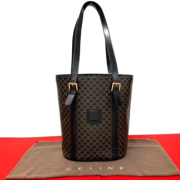 500a2280880 1 Celine Macadam Triomphe Leather Tote Handbag Black Brown