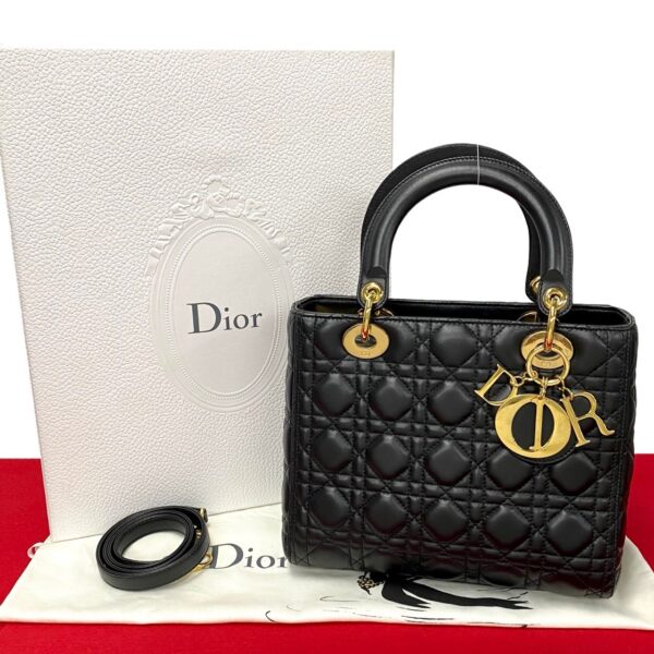 500a2299202 1 Christian Dior Lady Dior Cannage Leather 2WAY Shoulder Bag Black