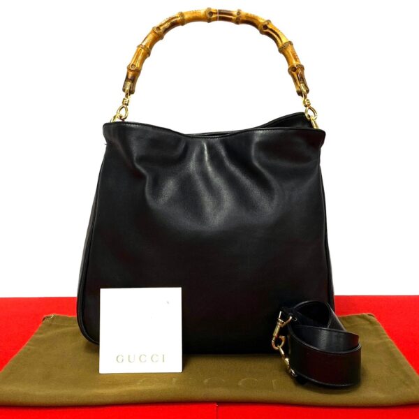 500a2304142 1 Gucci Bamboo Leather 2way Handbag Tote Bag Black