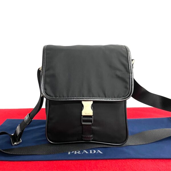 500a243324708 1 Prada Triangle Fittings Leather Nylon Mini Shoulder Bag Black