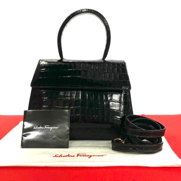 500a243504778 1 Salvatore Ferragamo Croco Embossed 2way Shoulder Bag Black