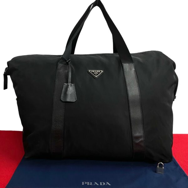 501a243420901 1 Prada Triangle Fittings Nylon Leather Tote Bag Black