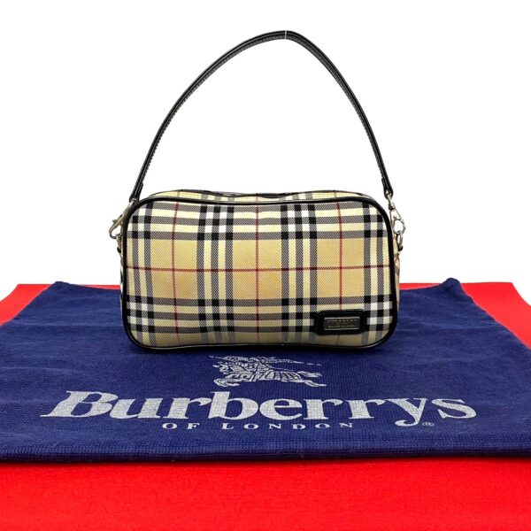 502a2395829 1 Burberry Blue Label Nova Check Nylon Leather Mini Handbag Pouch Beige