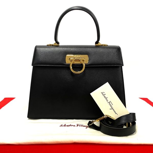 502a243479071 1 Salvatore Ferragamo Gancini Leather 2way Shoulder Bag Handbag Black