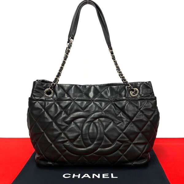 509b2595243 1 Chanel Caviar Skin Coco Mark Chain Tote Shoulder Handbag Black