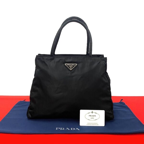 509b2617136 1 Prada Triangle Plate Nylon Mini Tote Bag Black