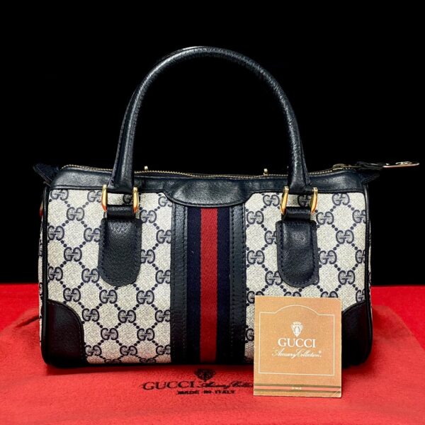 509b2617389 1 Gucci Sherry Line GG Pattern Leather Mini Bag Handbag Navy