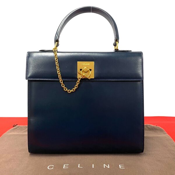 509b2626671 1 Celine Gancini Leather Handbag Shoulder Bag Navy