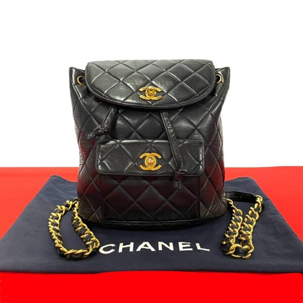 512b244016900 1 Chanel Matelasse Coco Mark Lambskin Chain Rucksack Daypack Black