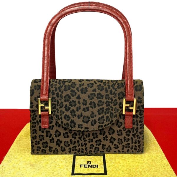 515b2710097 1 FENDI FF Fittings Canvas Leather Leopard Handbag Brown