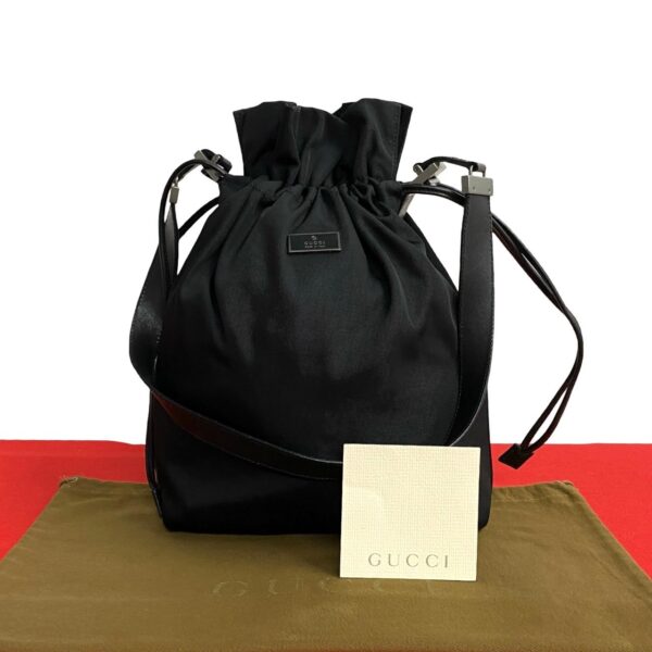 515b2839804 1 Gucci GG Fittings Nylon Drawstring Shoulder Bag Black