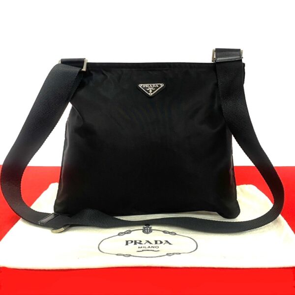 521c244644529 1 Prada Triangle Plate Nylon Shoulder Bag Black