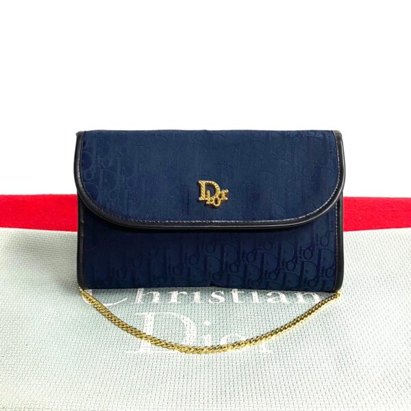 523c3117307 1 Christian Dior Trotter Pattern Canvas Chain Shoulder Bag Navy