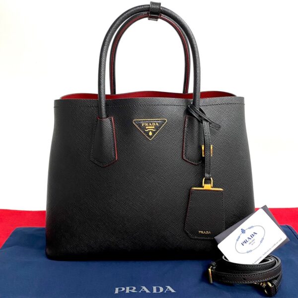 523c3121175 1 Prada Triangle Double Back Leather 2WAY Tote Bag Black