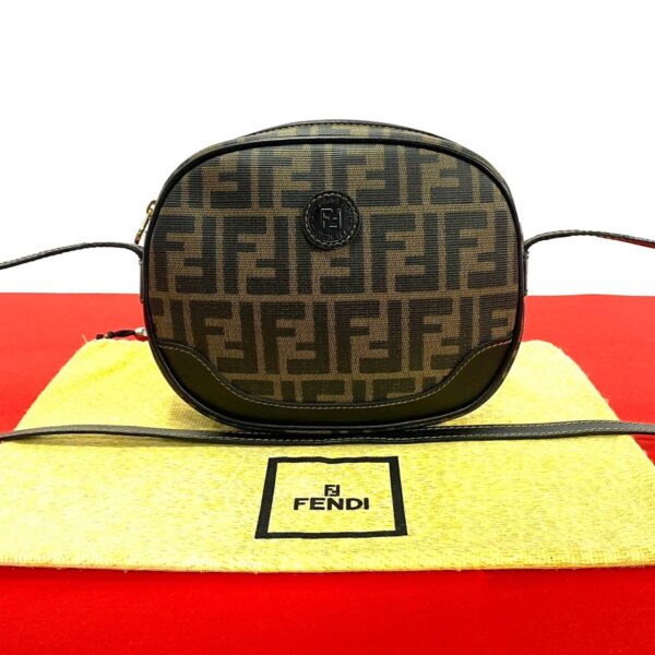 524c2952800 1 FENDI Zucca FF All over Pattern Leather Mini Shoulder Bag Black Khaki