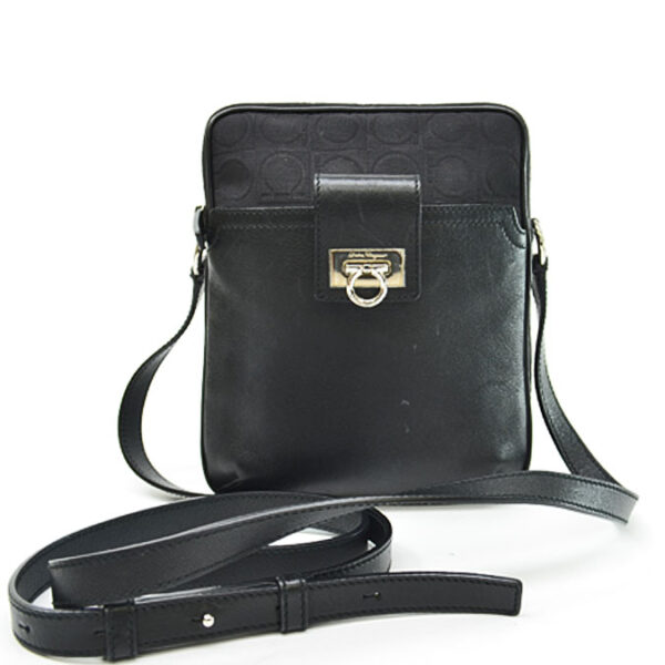 53260a Salvatore Ferragamo Gancini Shoulder Bag Nylon Leather Black