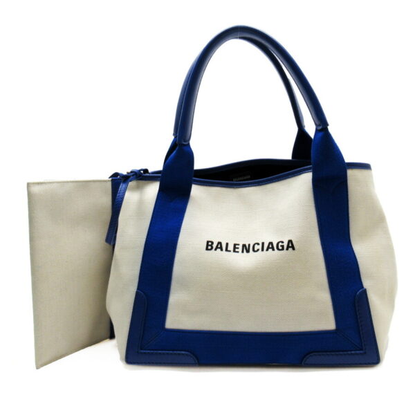 54028a Balenciaga Blue CABAS S Canvas Leather Tote Bag White Blue